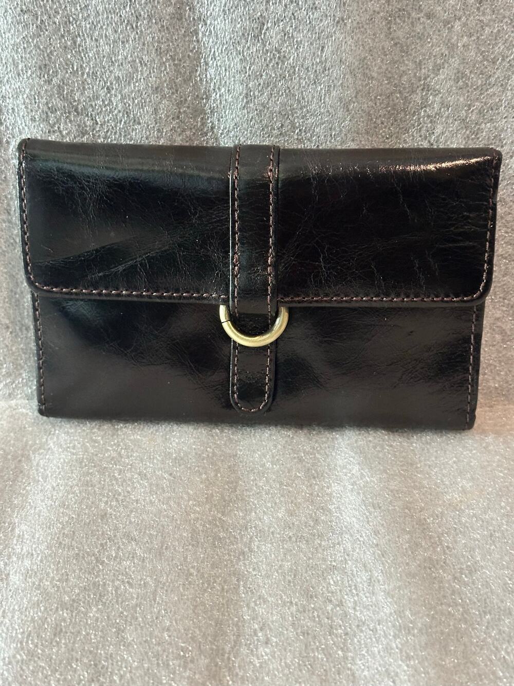 EUC Hobo International Black Leather Trifold Wallet Organizer Brass Hardware